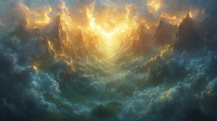 Obraz premium Mystical Fantasy Realm: Majestic Mountains, Mythical Creatures, Ethereal Glow