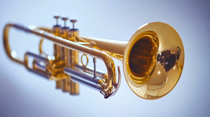 Trumpet horn music, brass wind instrument creating sound, perfect for jazz and classical musical performance, isolated on white background, shiny gold design and melody