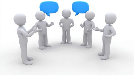 Group of 3d people are standing around a table and talking