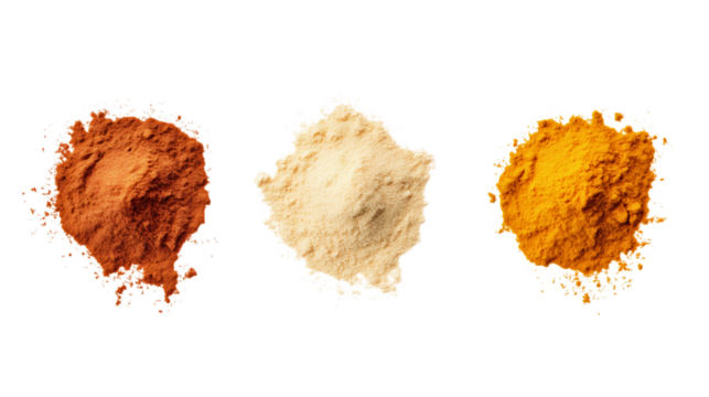 Turmeric, garlic, and pepper spice seasoning powders as essential ingredients in cooking, adding aromatic flavor to food with paprika and curry, isolated transparent png