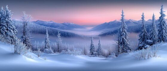 A serene winter landscape with snow-covered trees and distant mountains under a soft pastel sky at dawn.