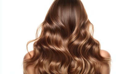 Fototapeta premium Beautiful model girl with Brown hair strand,silky healthy chestnut wavy hair strand isolated on white background,hair wavy ribbon, with smooth texture,vibrant shine,brunette hairpiece, hairy ribbon.