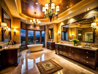 Elegant Silhouette of a Spacious Luxury Bathroom with Modern Fixtures and Ambient Lighting Showcasing Opulence and Serenity in a High-End Home Environment
