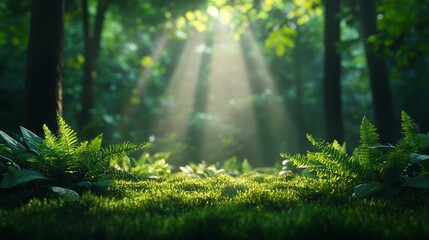 Obraz premium A serene forest scene showcasing vibrant ferns bathed in sunlight, creating a tranquil and peaceful atmosphere.