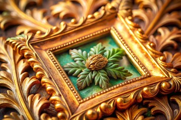 Elegant Vintage Leaf Ornament with Gold Frame, Luxurious Decorative Pattern for Monograms and Sophisticated Designs in Tilt-Shift Photography Style