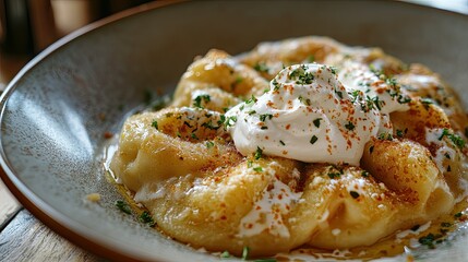 Warm, hearty pierogi topped with fresh sour cream