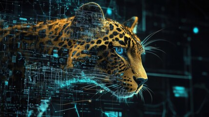 AI interpreting animal behaviors, wildlife data being processed on advanced digital displays