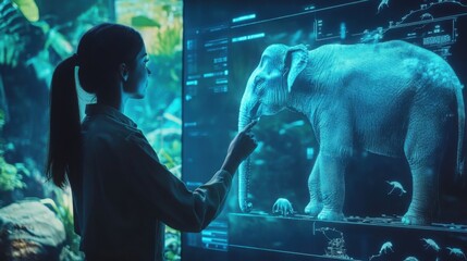 AI interpreting animal behaviors, wildlife data being processed on advanced digital displays