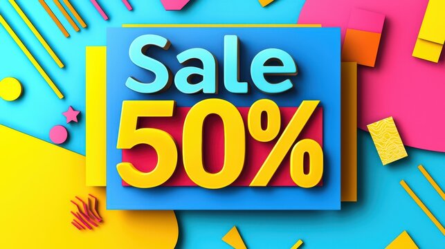 Colorful sale banner with 50% off text on vibrant background, ideal for promotions and marketing.