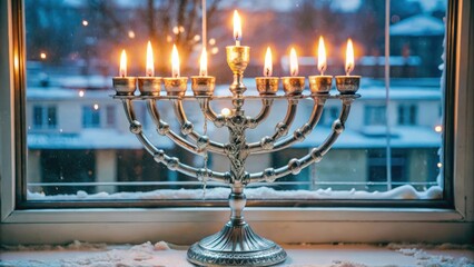 Fototapeta premium A silver menorah with burning candles sits on a windowsill covered in snow, with a view of a snowy cityscape in the background.