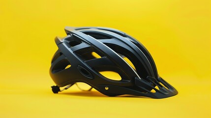 Fototapeta premium A black bicycle helmet on a yellow background.