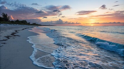 A serene ocean wave gently laps against the shore on a blue marble beach at sunset, shore, horizon, blue marble