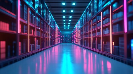 Fototapeta premium Futuristic warehouse interior with vibrant neon lighting and organized shelves.
