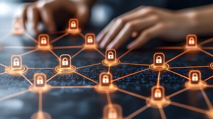 Focused man in low light room with cybersecurity network symbols, data protection theme