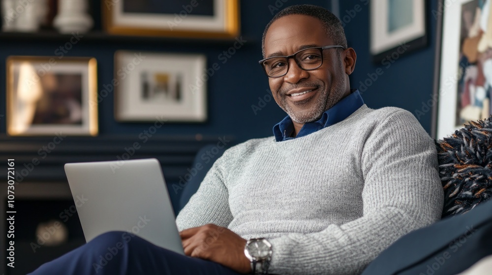 Poster a man is sitting on a couch with a laptop in front of him