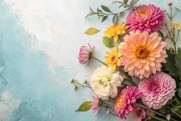 A stylized floral composition featuring a mix of bright and pastel colored flowers on a textured...