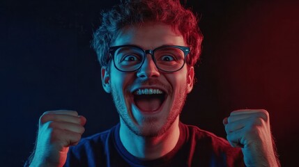 Successful eSports gamer joyfully celebrates victory in online cyber championship tournament with a front view portrait shot