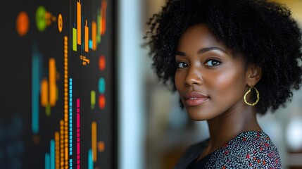 Businesswoman analyzing global digital connections, internet technology, futuristic office setting with data visuals