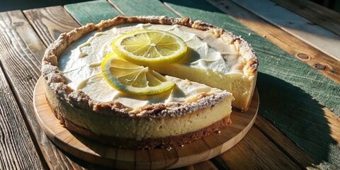 A Lemon Cheesecake Delight, A Slice Taken From a Whole Pie, Served on a Wooden Board