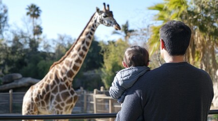 Naklejka premium A man holds a baby in front of a giraffe