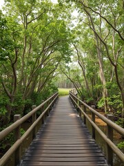 Obraz premium A wooden bridge leading through a lush mangrove forest undergoing reforestation, mangrove, tropical