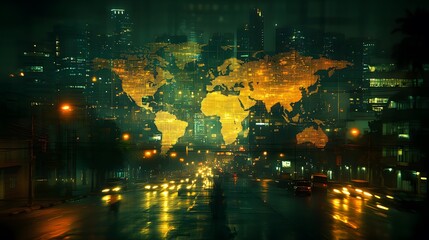 Digital transformation in business, high-tech office with interactive internet application interface, global map overlay