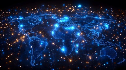 Digital transformation in business, high-tech office with interactive internet application interface, global map overlay