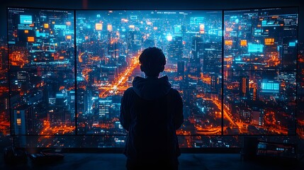 Professional working with financial big data, digital banking technology in sleek office