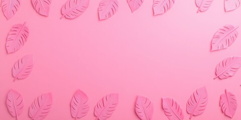 Fototapeta premium Tropical leaves on pink background with copy space. Banner for summer vacation concept. Green monstera leaves flat lay on pastel background. Tropical leaves flat lay on background with copy space.