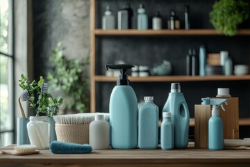 Array of cleaning supplies and equipment displayed on a wooden table for home cleaning concepts