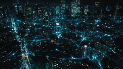 Smart digital Innovation city Business skyscrapers in the Financial District with connection network reciprocity over the cityscape. of future smart wireless digital city and social media networking