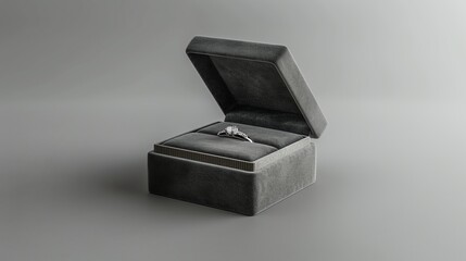 An open ring box with a diamond engagement ring inside.