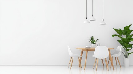 Modern Minimalist Dining Area Featuring Wooden Table and White Chairs with Indoor Plants Against Clean White Wall and Soft Lighting