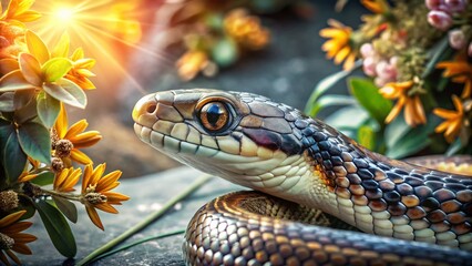 Obraz premium Enchanting Snake with Lush Eyelashes in Nature, Captivating Beauty and Elegance in a Serene Environment, Perfect for Wildlife and Fantasy Themes