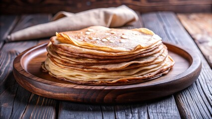 A stack of thin, golden-brown crepes arranged on a rustic wooden plate, ready to be enjoyed.