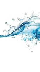 Close up shot of vibrant blue water splash with bubbles on a clean white background, purity, blue water, clean