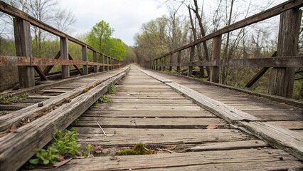Close-up of worn, weathered wooden planks on a dilapidated bridge, abandonment, grungy, wooden structures
