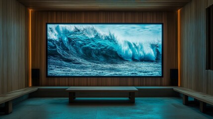 Fototapeta premium Stunning interior with a large digital ocean wave display on a rustic wooden wall feature