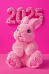 Obraz premium New Year Cards: 2025-themed Cute Neon Background Baby Rabbit Illustrations