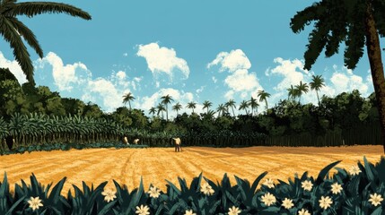 Lush Tropical Landscape with Farm Workers