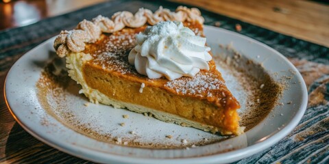A single slice of pumpkin pie, with a generous dollop of whipped cream and sprinkled with powdered sugar, sits on a white plate, dusted with cinnamon