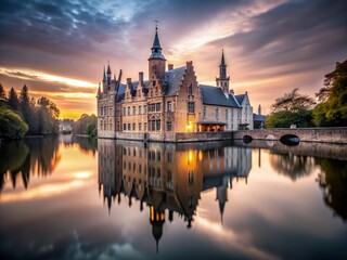 Obraz premium Ethereal View of a Traditional Ancient Medieval Castle at Dusk in Bruges, Belgium, Emphasizing Minimalist Aesthetics and Serene Atmosphere for Timeless Elegance