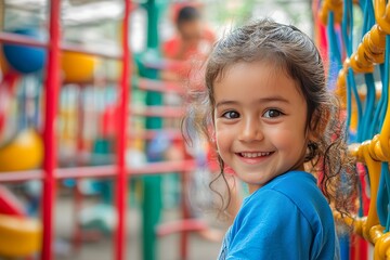 Joyful young girl in blue t shirt playing in a colorful playground surrounded by happy friends