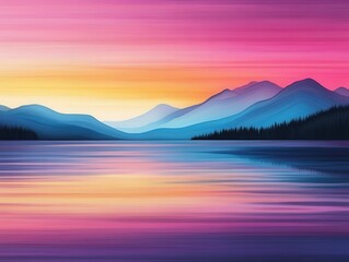 Vibrant sunset over tranquil lake with layered mountains reflecting colors