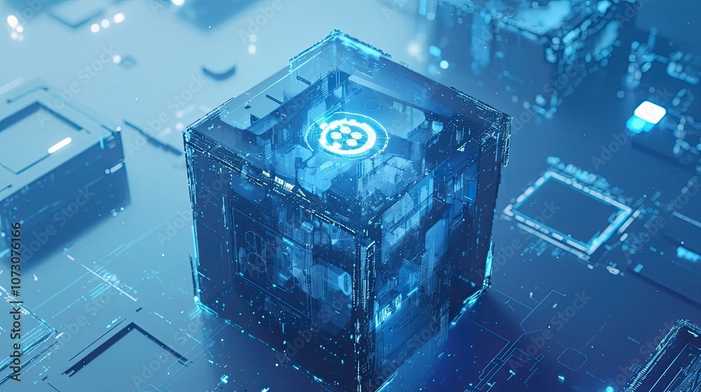 Poster a transparent cube with glowing blue lines and a circular pattern in the center