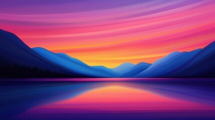 Vibrant sunset over tranquil lake surrounded by mountains