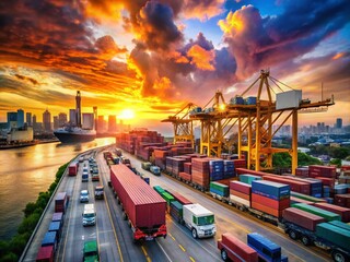 Truck Transportation and Logistics in Thailand: Import and Export Operations Amidst a Beautiful Sky and Shipyard Landscape