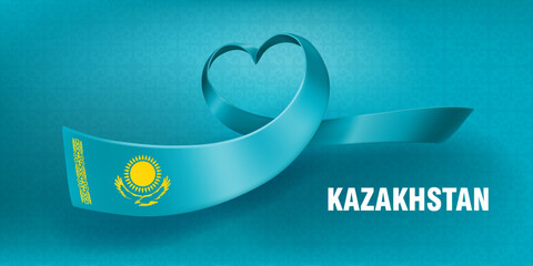 Flag of Kazakhstan. Waved silk ribbon in the shape of heart on a blue background. Traditional kazakh ornament, sun and the eagle. Background for greeting card of national holidays in Kazakhstan