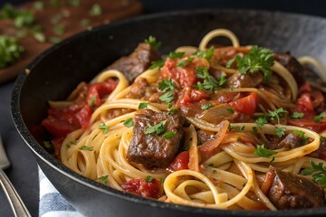 Hearty Beef and Linguine Pasta in Rich Tomato Sauce 