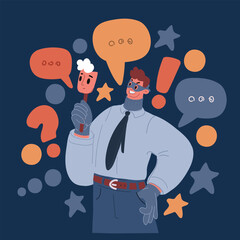 Cartoon vector illustration of a masked villain in an office suit, representing secrecy, deceit, and hidden motives over dark background